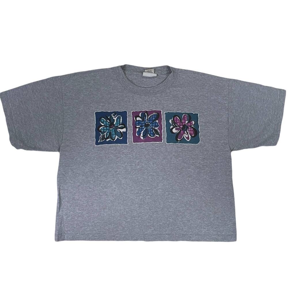 L.A.Sport Short Sleeve Gray Crew Neck Crop Top Flowers One Size Fits Most